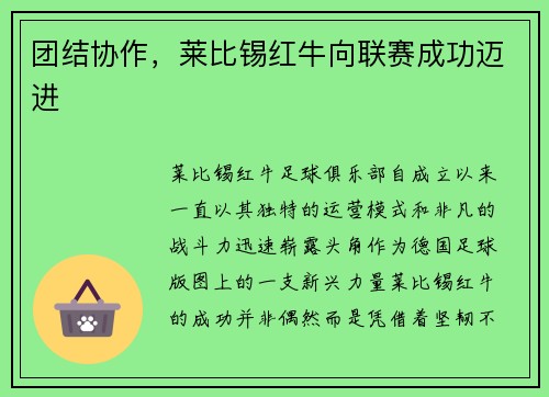 团结协作，莱比锡红牛向联赛成功迈进