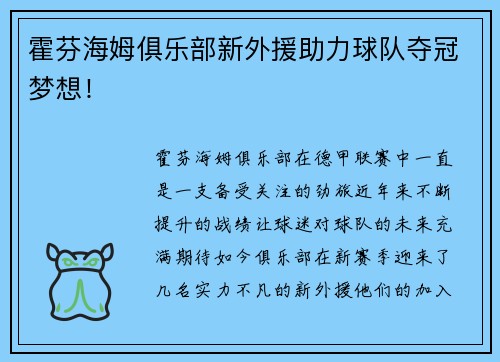 霍芬海姆俱乐部新外援助力球队夺冠梦想！