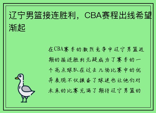 辽宁男篮接连胜利，CBA赛程出线希望渐起