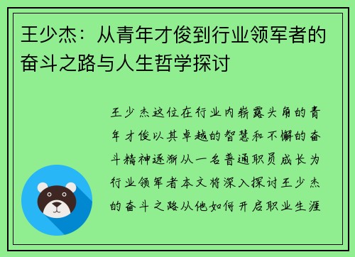 王少杰：从青年才俊到行业领军者的奋斗之路与人生哲学探讨