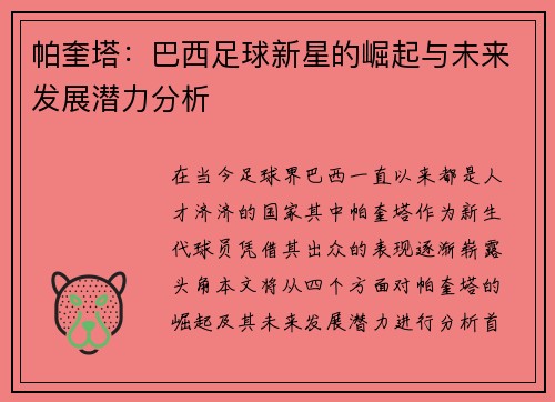 帕奎塔：巴西足球新星的崛起与未来发展潜力分析